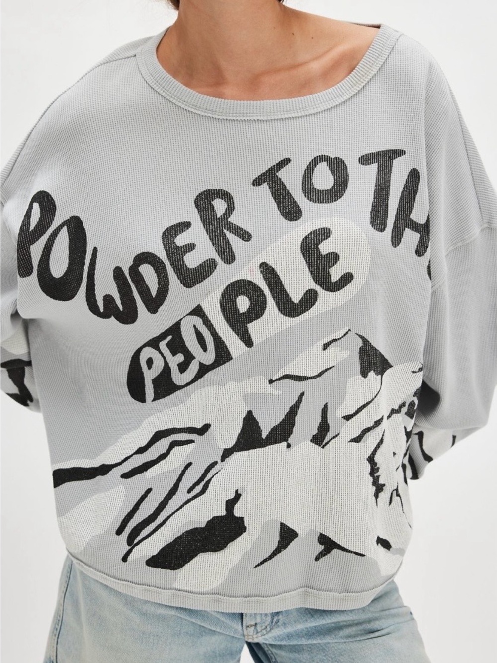 Free People - Powder to the People Graphic Thermal Tee - Long Sleeve, Light Grey